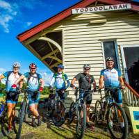A group cycling the Brisbane Valley Rail Trail